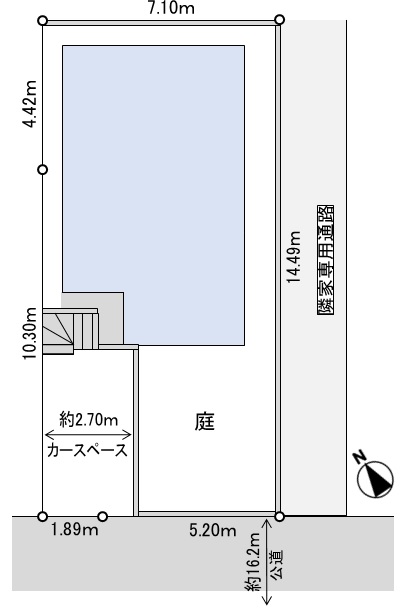 敷地概略図（東側は隣地通路のため空間があります）