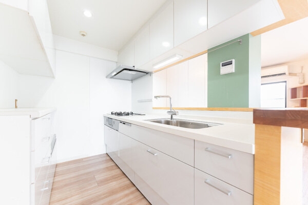 食器洗乾燥機・浄水器・3口ガスコンロ付きの、機能性とデザイン性を兼ね備えたシステムキッチンです。