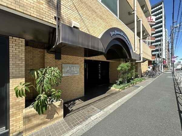 エントランス前は見通しの良い平坦な道路で、歩道があり安全に通行できます。植栽が彩られています。