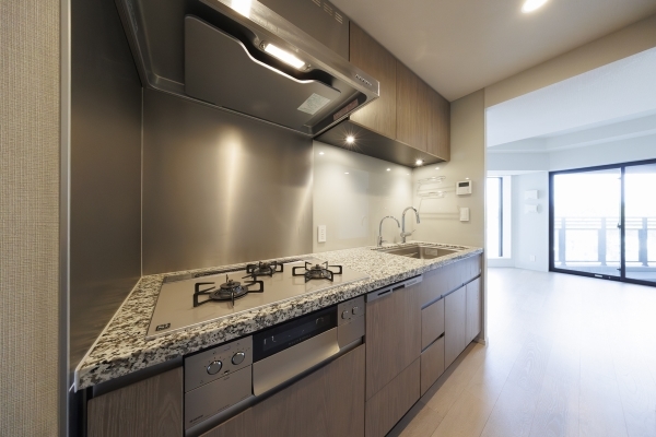 システムキッチン(三口コンロ、ディスポーザー、食洗機、浄水器)