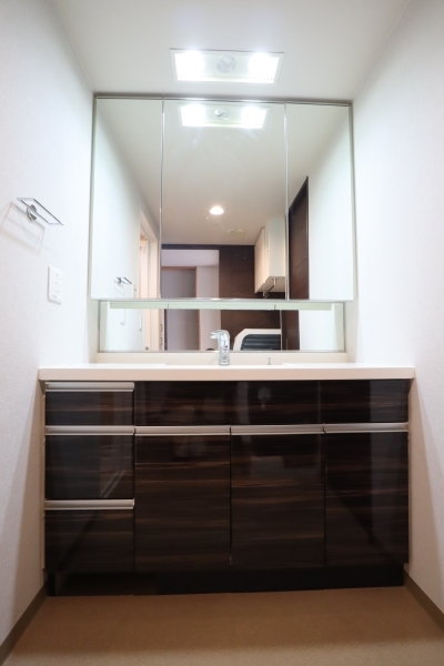 三面鏡・シャワー付き洗面化粧台です。リネン庫やボウル下部収納があり、洗面用品をまとめることができます